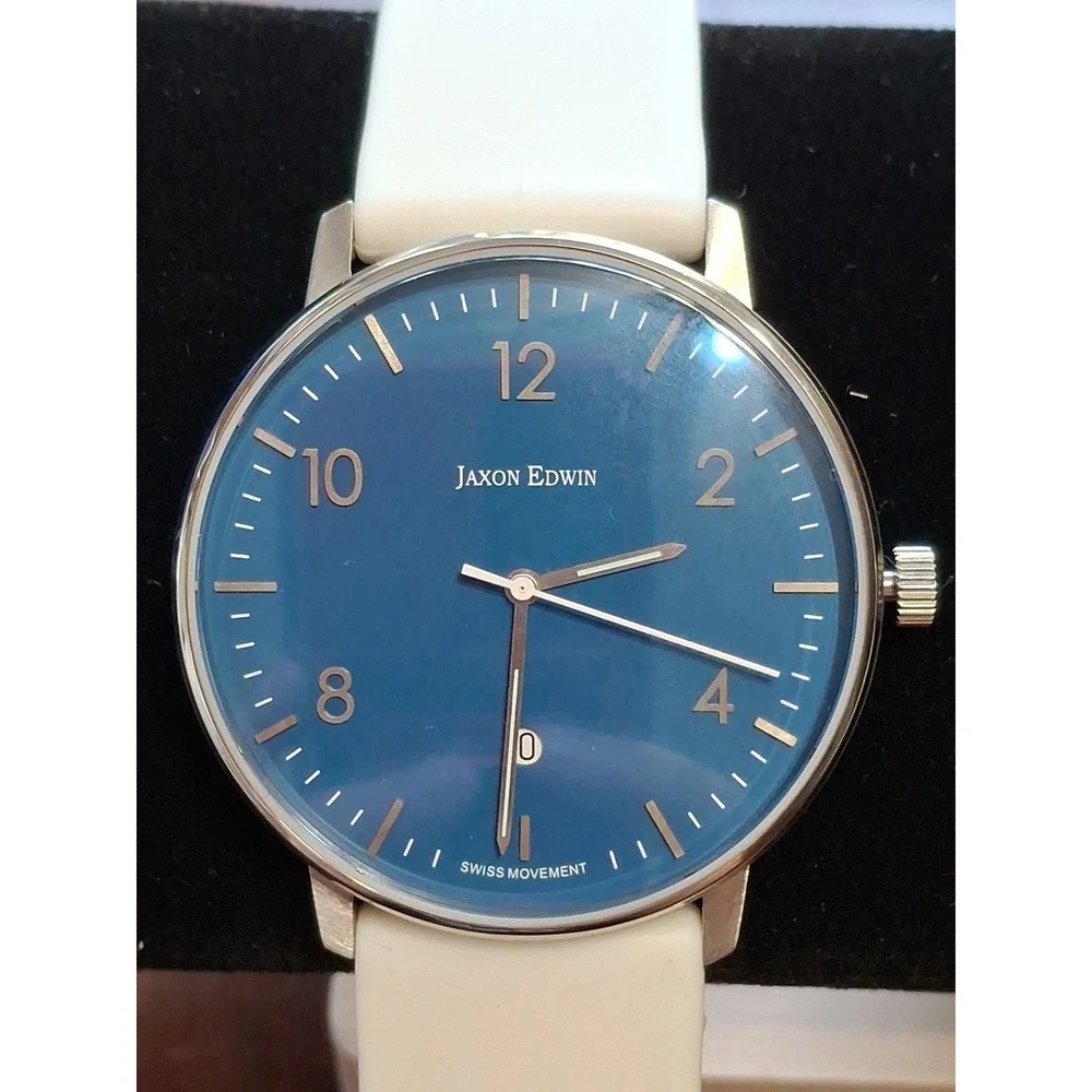 Mens Jaxon Edwin Watch W/ Sapphire Crystal & Swiss Movement. White Rubber Strap.